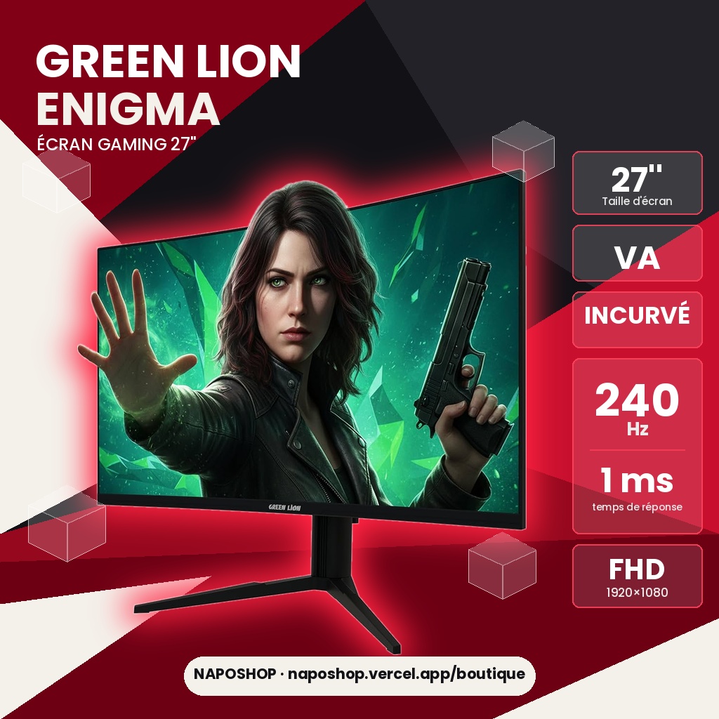 Green Lion Enigma - Écran Gaming 27'' Incurvé FHD | 240 Hz | VA | 1 ms | Noir